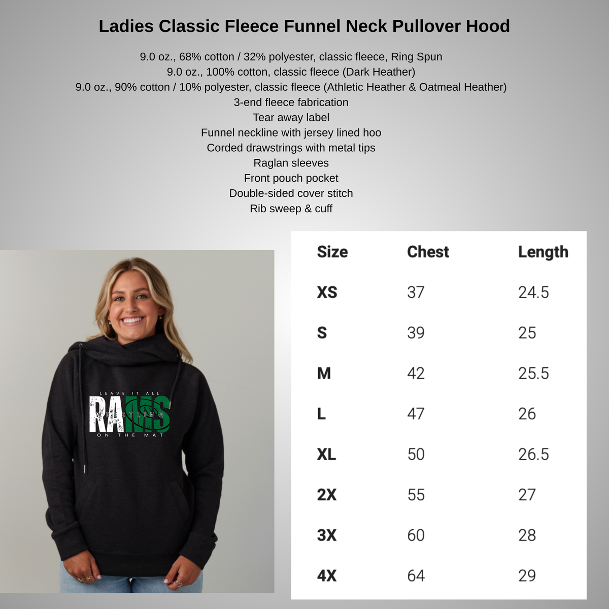 CDBW Ladies Classic Fleece Funnel Neck Pullover Hood