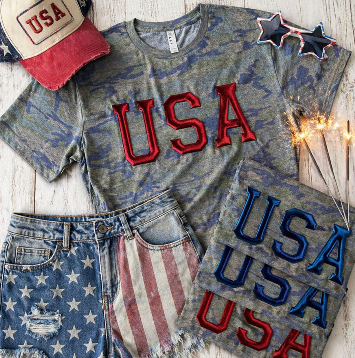 USA Metallic Puff Vintage Camo Tee-Preorder